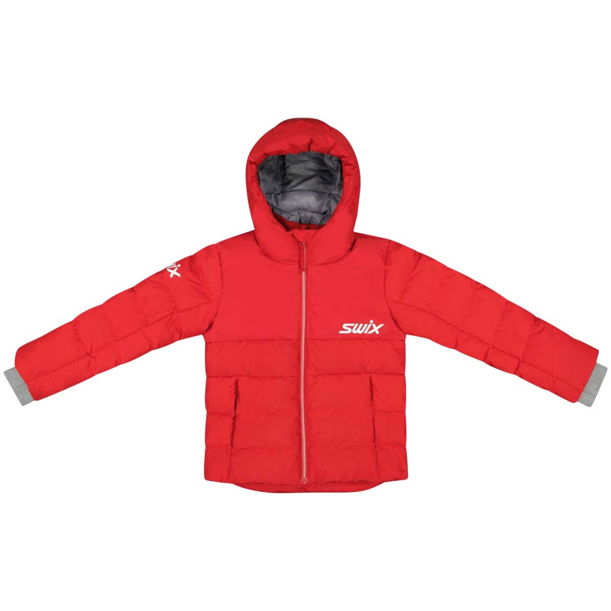 TeamKidsDownJacket- A red puffer jacket with a hood, featuring a white 'swix' logo on the left chest and a white star logo on the right sleeve, displayed flat against a white background.