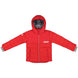 TeamKidsDownJacket- A red puffer jacket with a hood, featuring a white 'swix' logo on the left chest and a white star logo on the right sleeve, displayed flat against a white background.