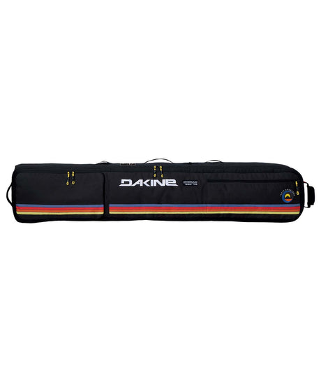 TeamLowRollerSnowboardBagJamieAnderson-Black snowboard bag with colorful stripes and Dakine branding on a white background