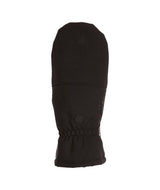 TeaseHoodedGlove-A pair of black winter mittens shown flat against a solid white background, displaying both the back of one mitten and the front/pocket side of the other.