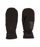 TeaseHoodedGlove-A pair of black winter mittens shown flat against a solid white background, displaying both the back of one mitten and the front/pocket side of the other.
