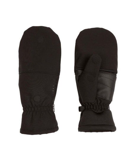 TeaseHoodedGlove-A pair of black winter mittens shown flat against a solid white background, displaying both the back of one mitten and the front/pocket side of the other.