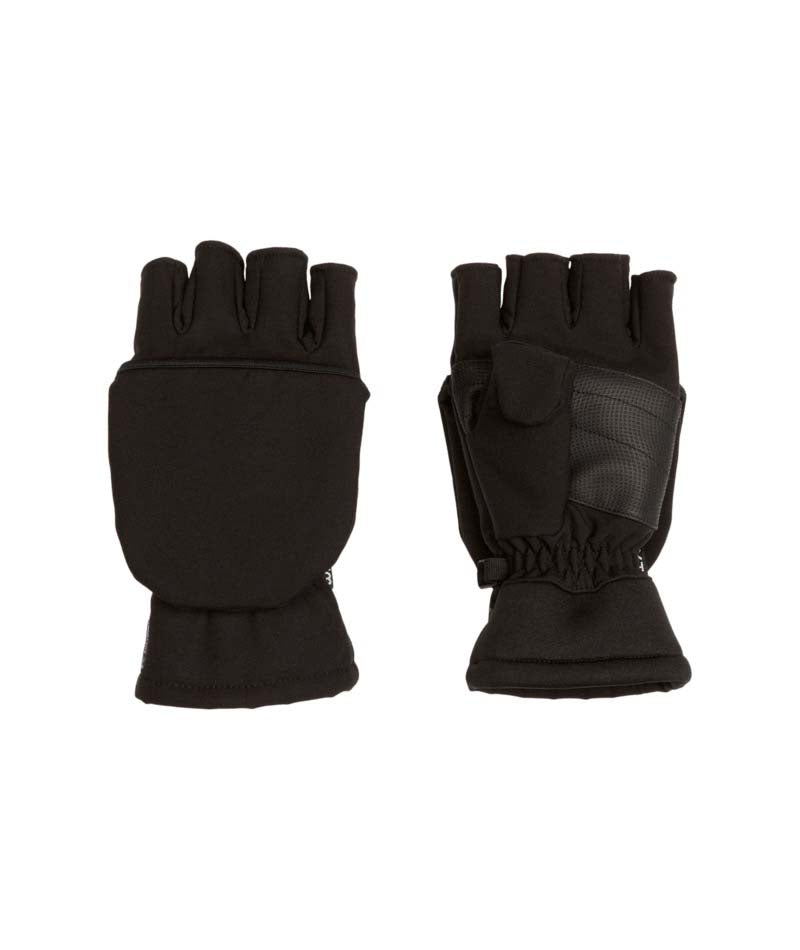 TeaseHoodedGlove-A pair of black winter mittens shown flat against a solid white background, displaying both the back of one mitten and the front/pocket side of the other.