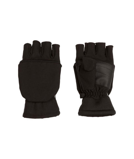 TeaseHoodedGlove-A pair of black winter mittens shown flat against a solid white background, displaying both the back of one mitten and the front/pocket side of the other.