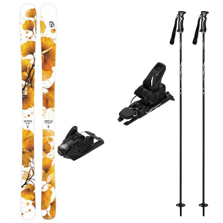 Tempest94w_Strive12-A ski equipment set on a white background, including a pair of skis with a white base printed with large orange and yellow ginkgo leaves, two black ski bindings, and two black ski poles with white branding.