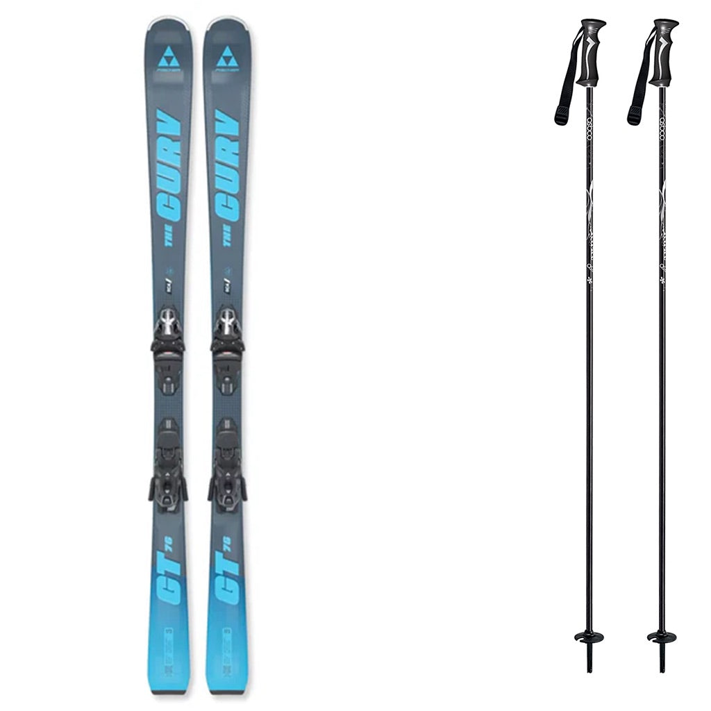 TheCurvGT76w_RSW10GWSystemBinding-A pair of skis mounted, shown alongside two black ski poles on a plain white background.
