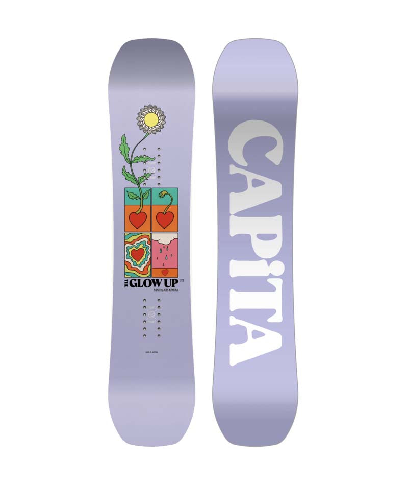 TheGlowUpMiniJK- Purple CAPiTA snowboard with a graphic design on a white background