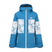 TisseraJacket- A blue and white jacket with a floral pattern on the upper sleeves and chest, featuring a front zipper, zippered hand pockets, and a small The Picture Organic logo on the left chest.