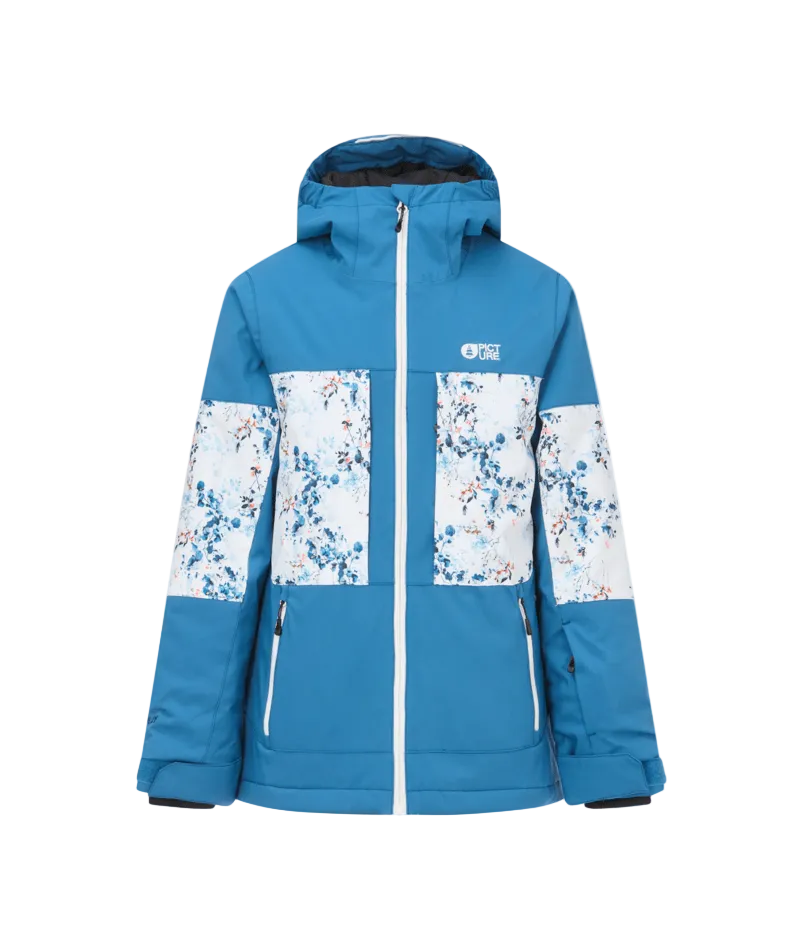 TisseraJacket- A blue and white jacket with a floral pattern on the upper sleeves and chest, featuring a front zipper, zippered hand pockets, and a small The Picture Organic logo on the left chest.