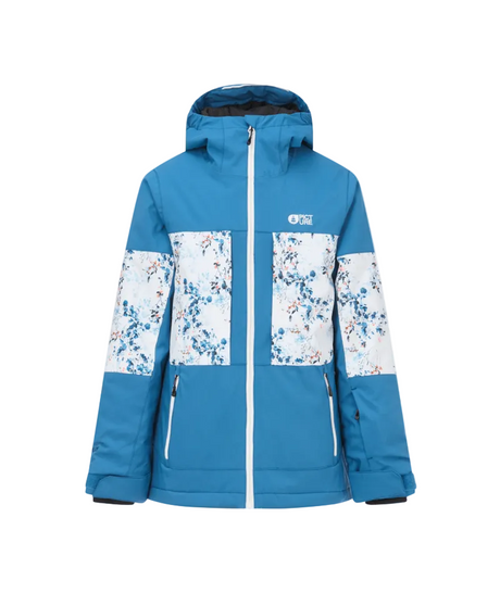 TisseraJacket- A blue and white jacket with a floral pattern on the upper sleeves and chest, featuring a front zipper, zippered hand pockets, and a small The Picture Organic logo on the left chest.