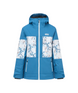 TisseraJacket- A blue and white jacket with a floral pattern on the upper sleeves and chest, featuring a front zipper, zippered hand pockets, and a small The Picture Organic logo on the left chest.