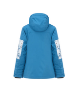 TisseraJacket- A blue and white jacket with a floral pattern on the upper sleeves and chest, featuring a front zipper, zippered hand pockets, and a small The Picture Organic logo on the left chest.