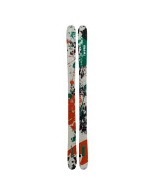 TomWallischPro-Colorful skis with a paint splatter pattern on a white background