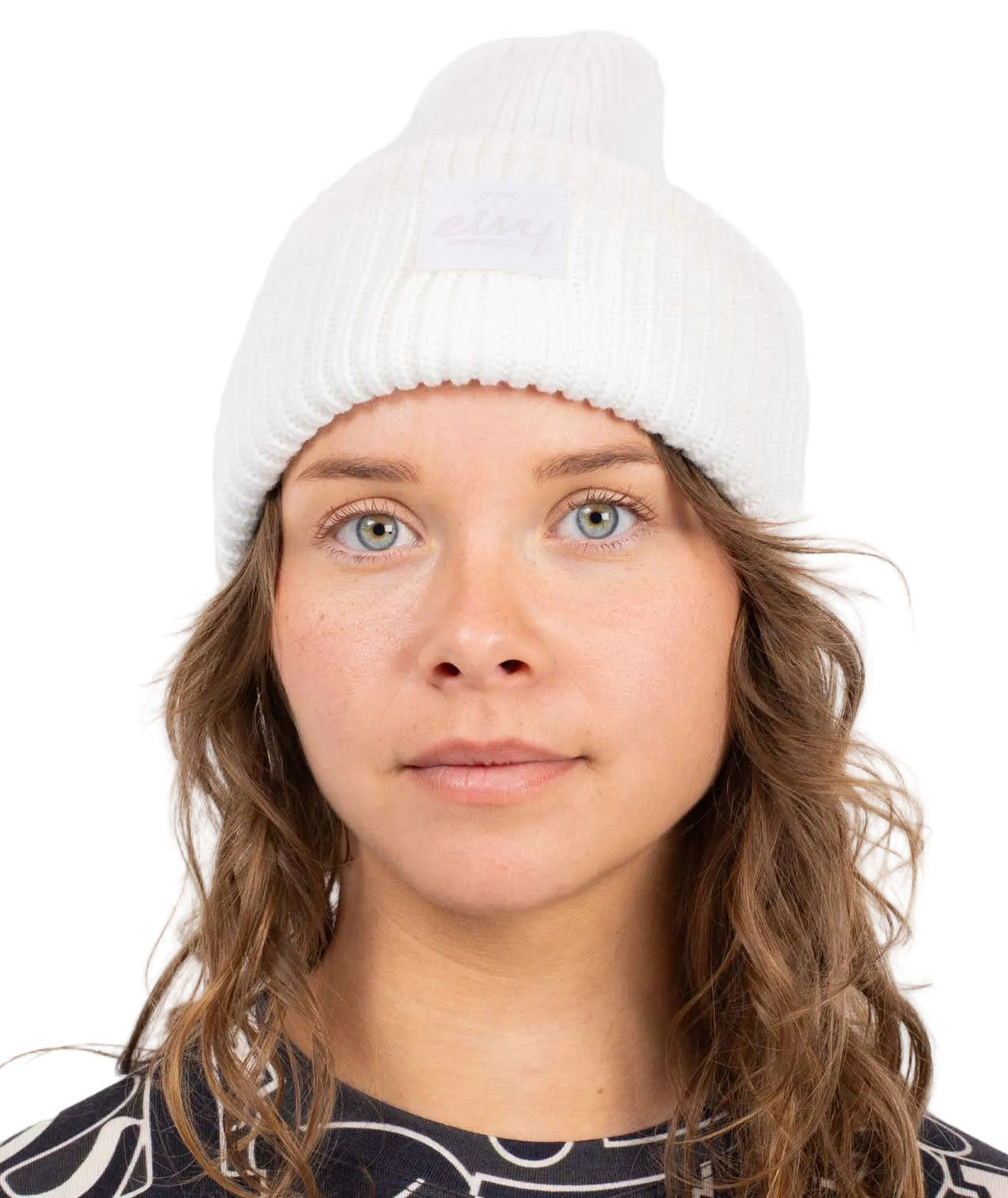 TonalBeanie- Woman wearing a white beanie on a white background