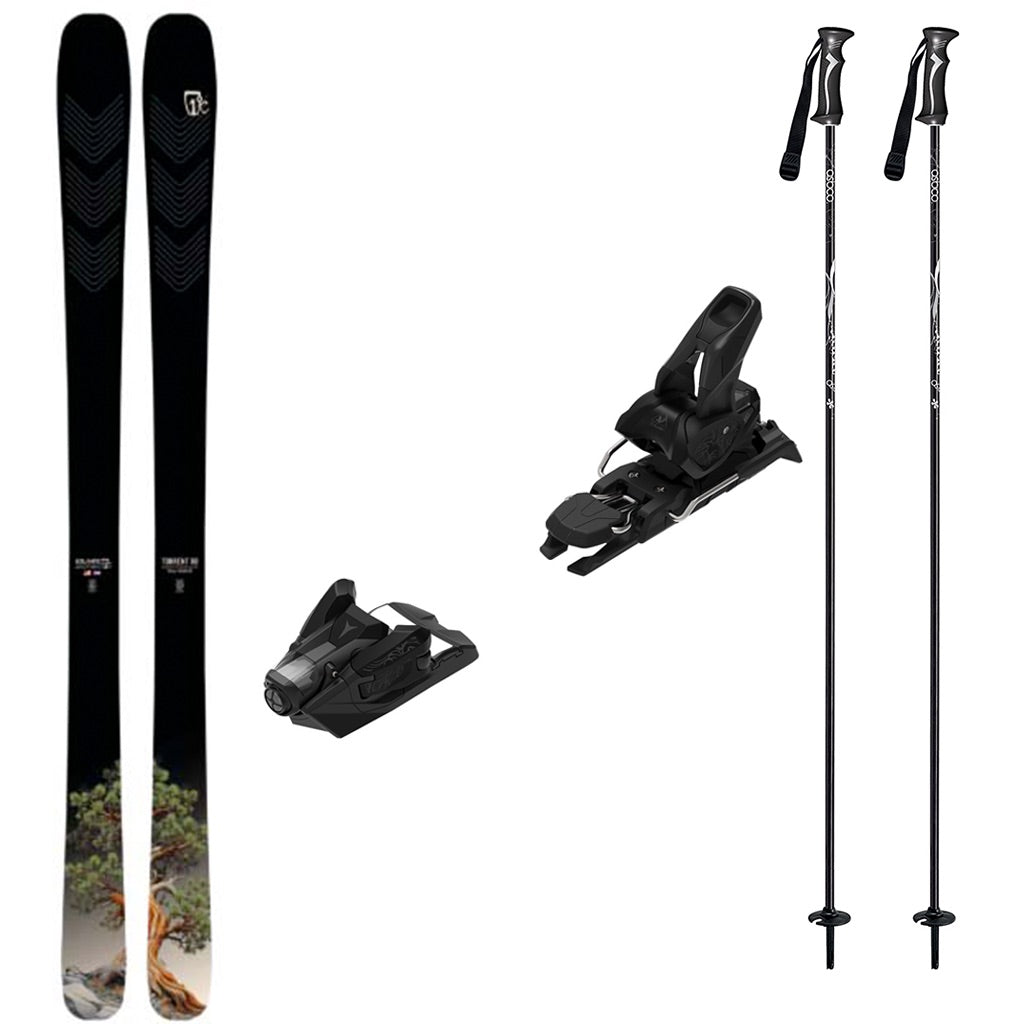 Torrent88w_Strive12-A ski equipment bundle featuring a pair of black skis with a scenic print on the tips, two black ski bindings, and two black ski poles with white branding, all arranged on a plain white background.