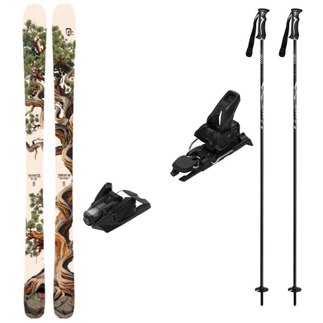 Torrent96w_Strive12-A ski gear set on a white background, including a pair of skis with a brown and green tree design, two black ski bindings, and two black ski poles with white branding.