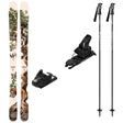 Torrent96w_Strive12-A ski gear set on a white background, including a pair of skis with a brown and green tree design, two black ski bindings, and two black ski poles with white branding.