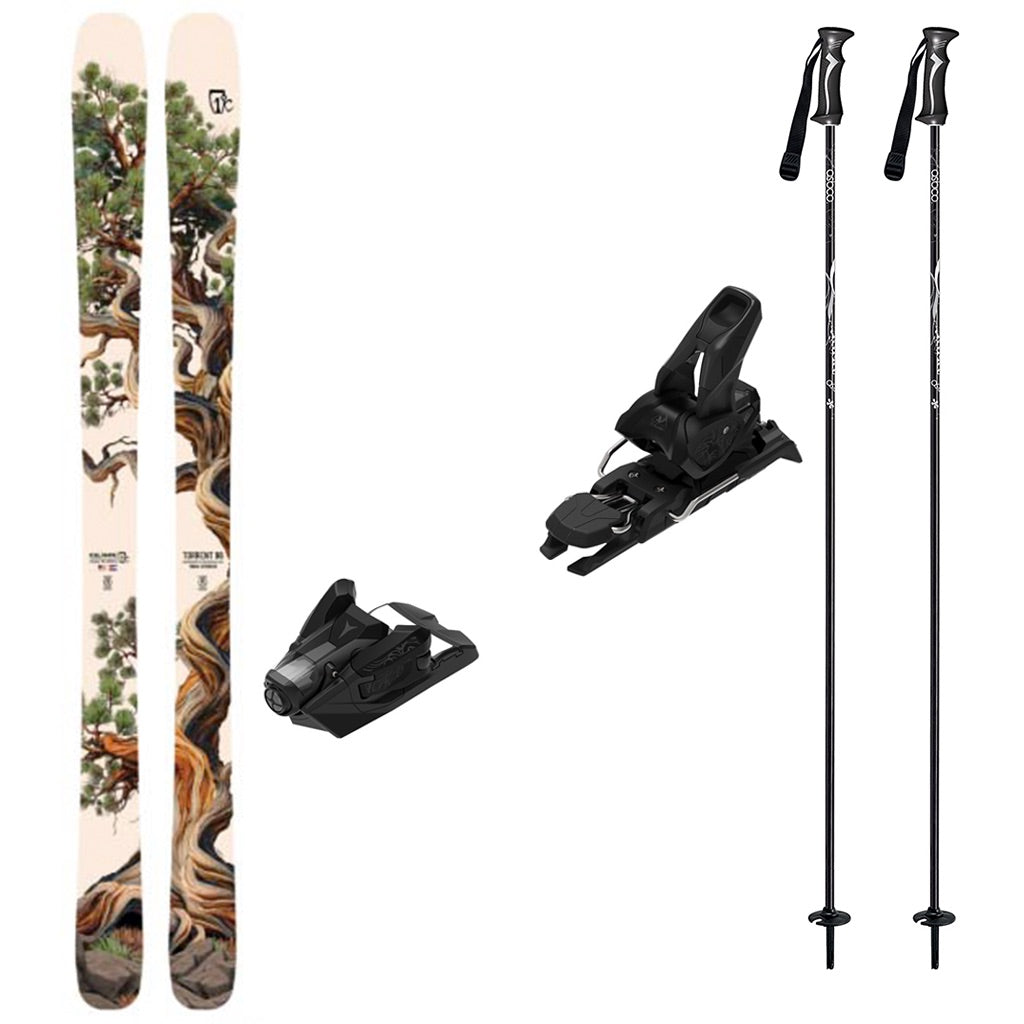 Torrent96w_Strive12-A ski gear set on a white background, including a pair of skis with a brown and green tree design, two black ski bindings, and two black ski poles with white branding.
