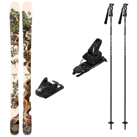 Torrent96w_Strive12-A ski gear set on a white background, including a pair of skis with a brown and green tree design, two black ski bindings, and two black ski poles with white branding.