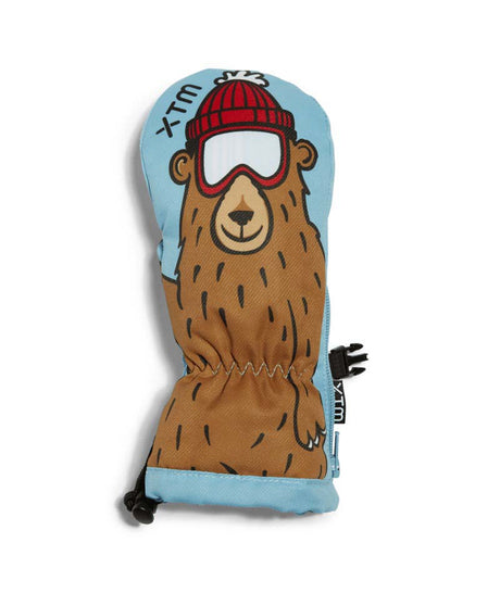 TotallyWildMitt-A plush winter glove cover featuring a cartoon brown bear wearing a red beanie and goggles, with a light blue background and black drawstring closure.