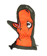 TotallyWildMitt-An orange and dark green insulated mitten with a cartoon shark face design on the front, featuring the 'xtm' brand logo on the cuff.