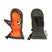 TotallyWildMitt-A pair of children's winter mittens shown against a plain white background. One mitten is shown from the front, featuring an orange face with a cartoon shark mouth and eye, set against an olive green background with 'xm' printed in white.