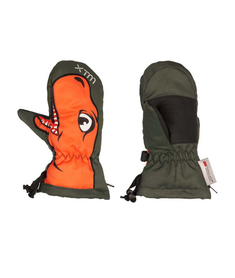 TotallyWildMitt-A pair of children's winter mittens shown against a plain white background. One mitten is shown from the front, featuring an orange face with a cartoon shark mouth and eye, set against an olive green background with 'xm' printed in white.