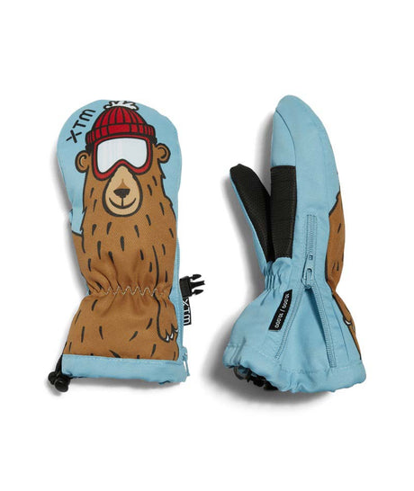 TotallyWildMitt-A pair of light blue mittens on a white background. One mitten shows a cartoon bear wearing a red beanie and goggles, while the other shows the back with a zipper and black inner palm.