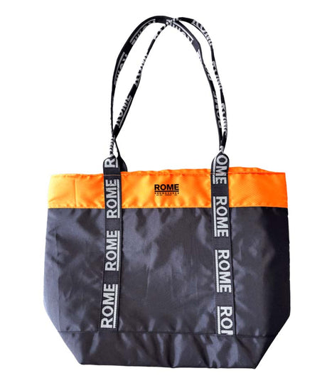 ToteBag-Black tote bag with orange stripe and 'Rome' branding on a white background