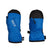 TotsMitt- Two blue ski mittens shown side by side against a white background, one showing the front with a white 'XTM' logo and the other showing the back with an elastic cuff and black trim.