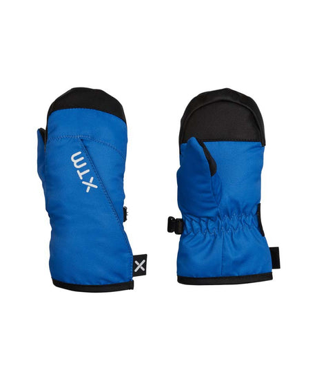 TotsMitt- Two blue ski mittens shown side by side against a white background, one showing the front with a white 'XTM' logo and the other showing the back with an elastic cuff and black trim.