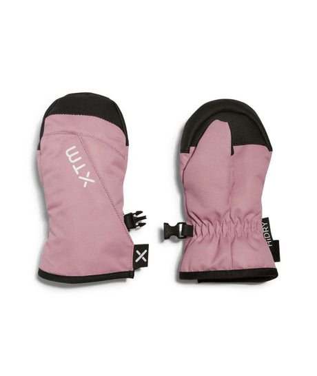 TotsMitt- A pair of pink and black ski mittens shown flat against a white background, with one mitten displaying the white 'XTM' logo and the other showing the elastic cuff and black buckle.