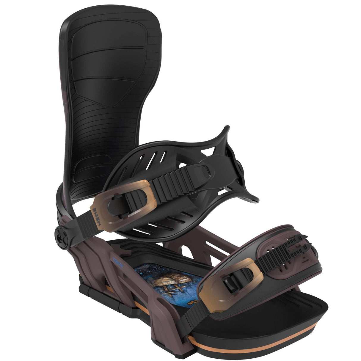 Transfer-Black and brown snowboard binding on a white background