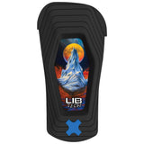 Transfer-Black and blue snowboard binding on a white background