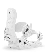 Trilogy-White snowboard binding with 'Union' branding on a white background