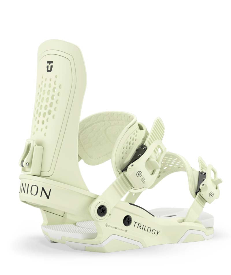Trilogy-Light yellow snowboard binding with 'Union' branding on a white background