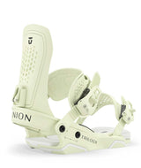 Trilogy-Light yellow snowboard binding with 'Union' branding on a white background