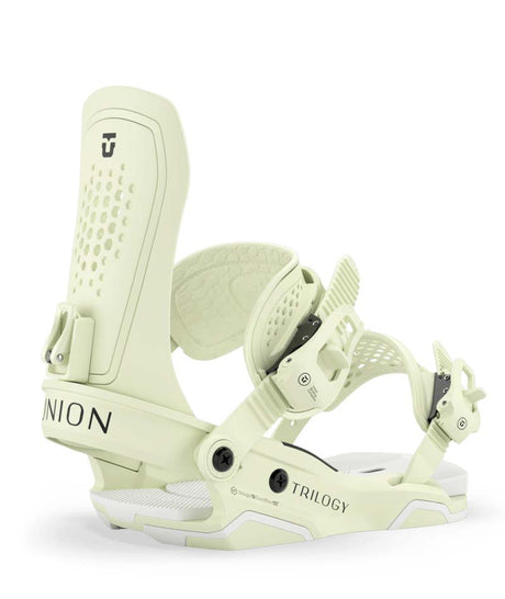 Trilogy-Light yellow snowboard binding with 'Union' branding on a white background