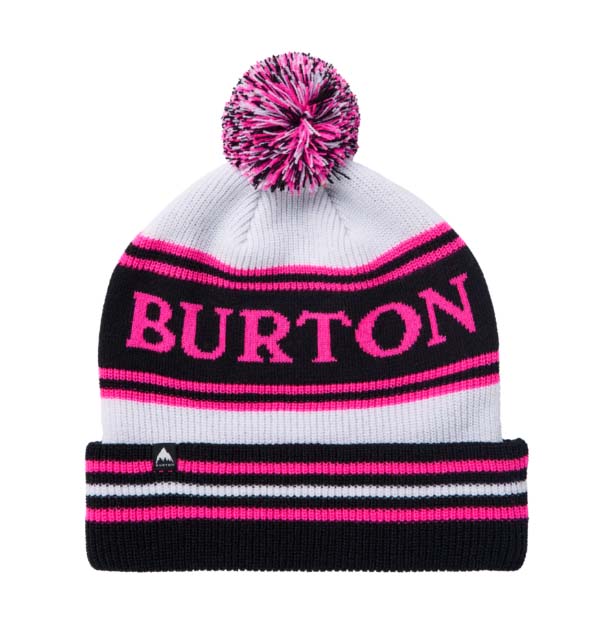 TropeBeanie-White beanie with pink and black design and 'Burton' branding on a white background