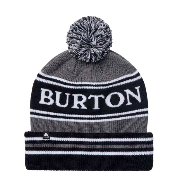 TropeBeanie-Gray and black beanie with pom-pom and 'Burton' branding on a white background