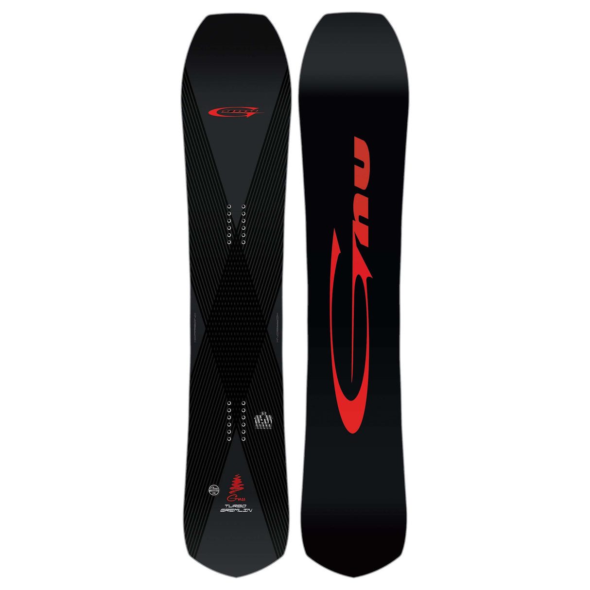 TurboGremlin- Black snowboard with red logo on a white background