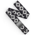 Twilight-Woven belt with geometric pattern and plastic buckle on a white background