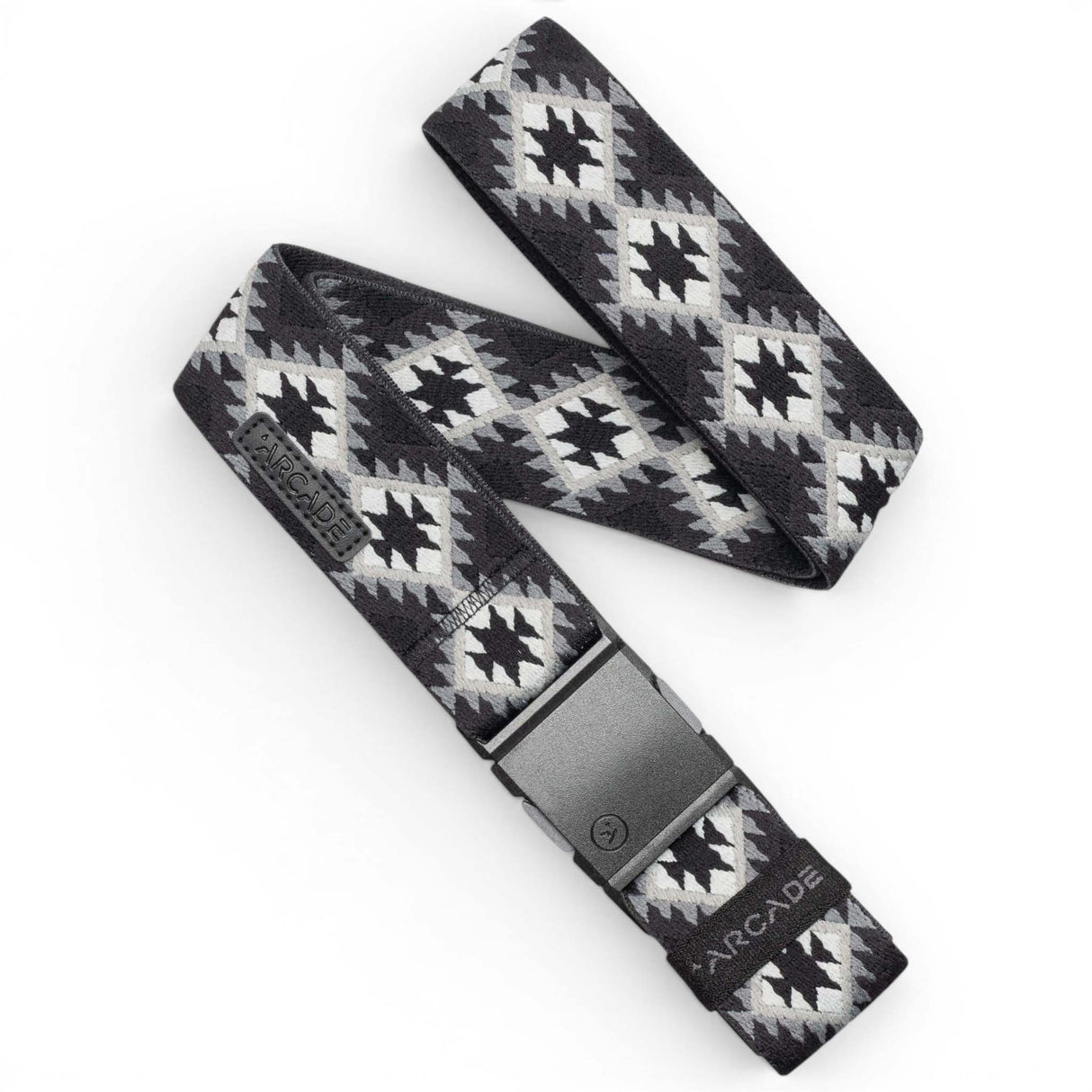 Twilight-Woven belt with geometric pattern and plastic buckle on a white background