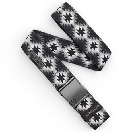 Twilight-Woven belt with geometric pattern and plastic buckle on a white background