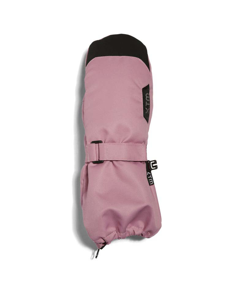 TykeMitt-A pink ski boot cover with a black top section and a buckle strap closure, shown on a plain white background.