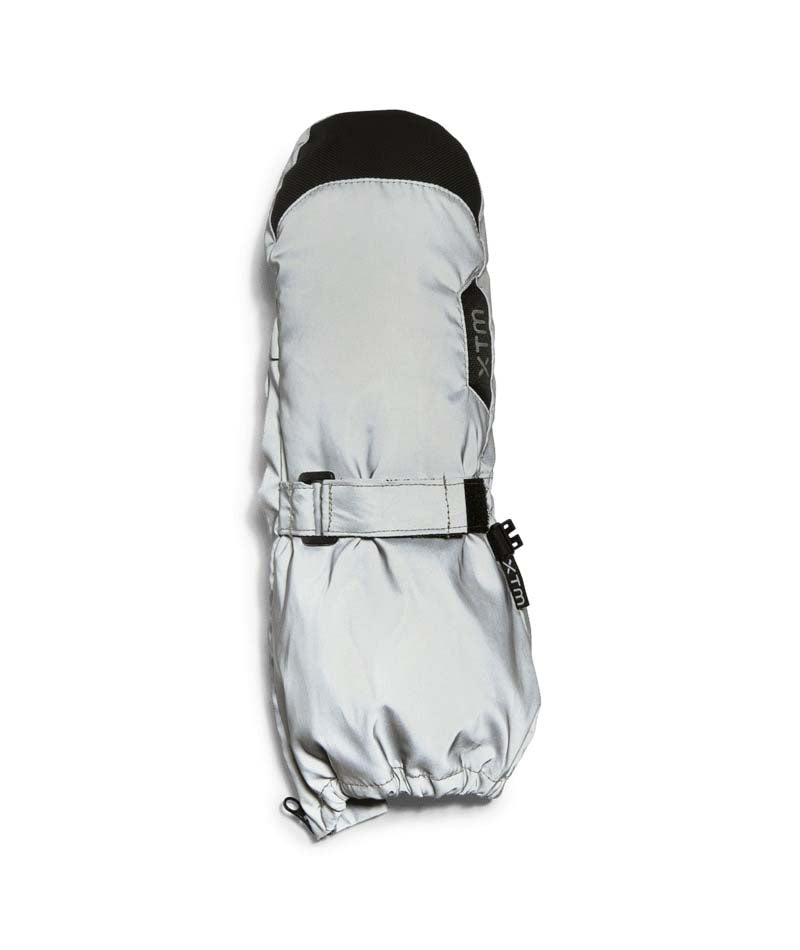 TykeMitt-A pair of XTM snow mittens in light gray and black, shown flat against a white background.