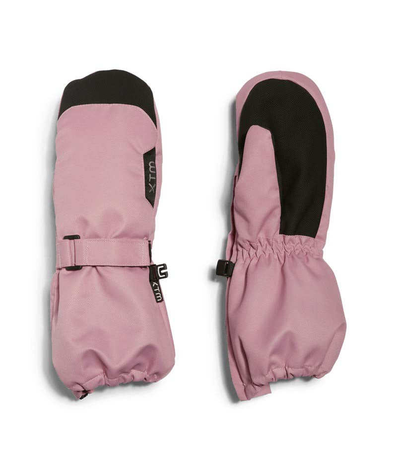 TykeMitt-A pair of pink and black winter mittens shown flat against a white background, displaying both the front with strap closure and the back with elastic cuff.
