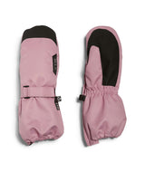 TykeMitt-A pair of pink and black winter mittens shown flat against a white background, displaying both the front with strap closure and the back with elastic cuff.