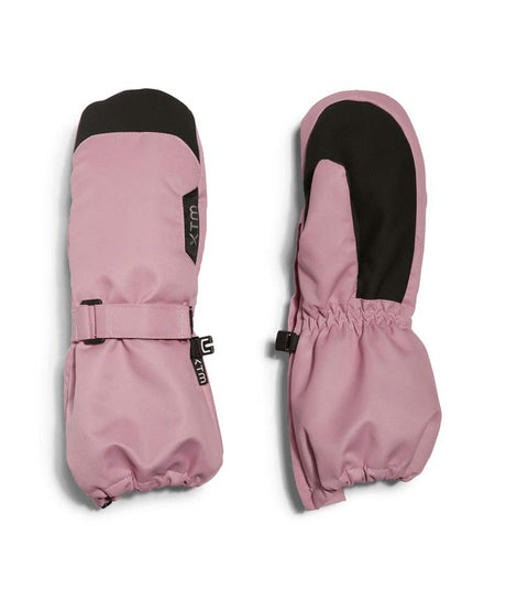 TykeMitt-A pair of pink and black winter mittens shown flat against a white background, displaying both the front with strap closure and the back with elastic cuff.