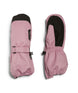 TykeMitt-A pair of pink and black winter mittens shown flat against a white background, displaying both the front with strap closure and the back with elastic cuff.
